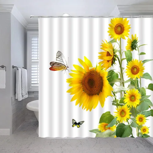Vista 3 de Cortina de ducha de girasol, primavera, rústico, flores amarillas, mariposa, granja, floral, acuarela, hojas verdes, paisaje, flores, tela
