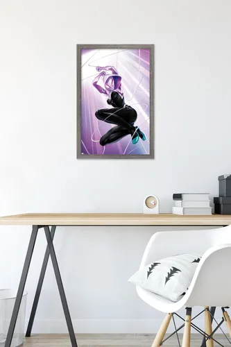 Vista 6 de Marvel Comics Ghost Spider - Póster de pared #1, 22.4 pulgadas de largo x 14.7 pulgadas de ancho, versión enmarcada de madera de granero