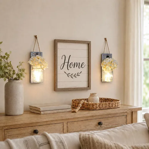 Vista 6 de Decoración rústica de madera para colgar en la pared con tira de luces LED para sala de estar y dormitorio modernos, estilo campestre inspirador