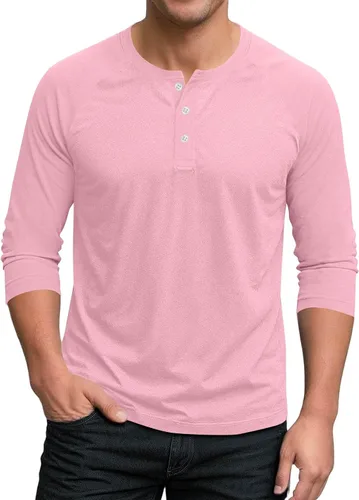 Vista 8 de Ctreela Camiseta Henley de manga 3/4 para hombre, estilo casual, ajustada, color sólido, manga larga, camiseta de béisbol