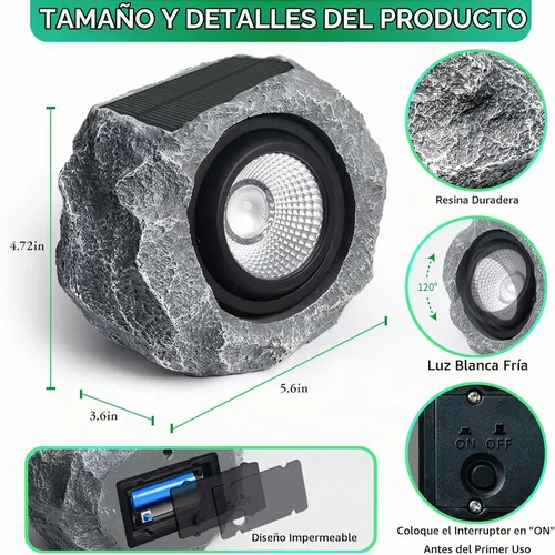 Vista 5 de Luces solares de roca para exteriores, foco de paisaje de roca sintética 1 Paquete Gris