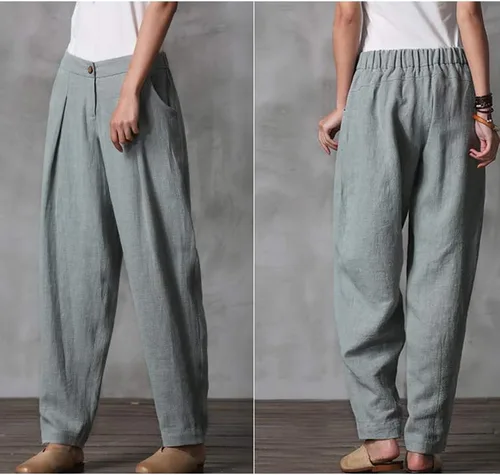 Vista 7 de Minibee - Pantalones informales de lino para mujer con cintura elástica y bolsillos