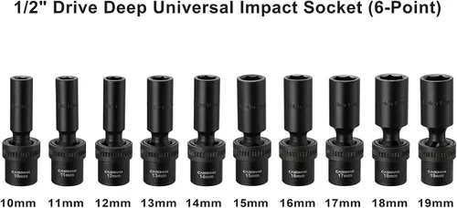 Vista 2 de CASOMAN 10 piezas de 1/2 pulgada de profundidad Juego de llaves de impacto universal métrico, 10-19mm