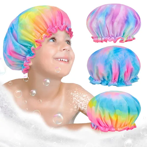 Vista 8 de Olypegic Gorro de ducha para niños, 3 piezas, para niñas, reutilizable, impermeable, ajustable, grande, con unicornio, sirena, arco iris, lindo