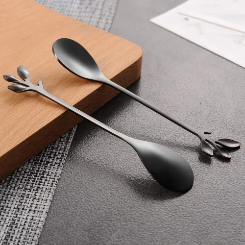 Vista 6 de AnSaw Elegantes Cucharas de Café de Hoja Negra - 10 Piezas, 4.7" Mini Cucharas de Acero Inoxidable para Espresso y Postre, Perfectas para Demitasse