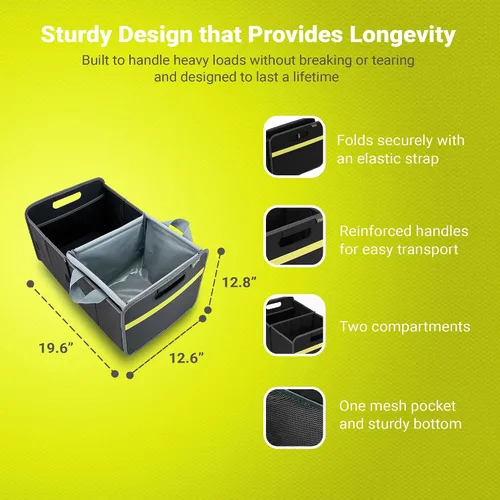 Vista 5 de meori Organizador plegable para maletero de coche con enfriador para comestibles, viajes por carretera, 2 compartimentos, bolsillo de malla