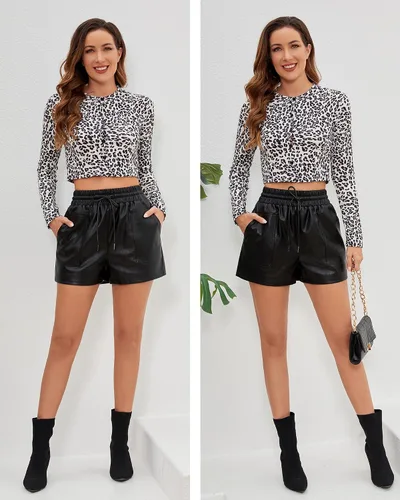Vista 9 de QIANXIZHAN Pantalones cortos de cuero para mujer, pantalones cortos sexys de cintura alta sintética de pierna ancha SP