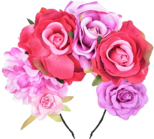Vista 4 de DreamLily Frida Kahlo NC26 - Diadema con corona de rosas mexicanas para disfraz de fiesta de Halloween