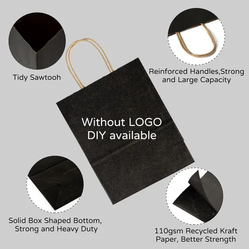 Vista 3 de PakTalk Paquete de 50 bolsas de regalo, bolsas de papel negras con asas Negro