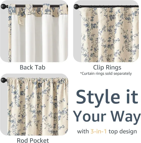Vista 9 de jinchan Linen Blackout Curtains Blue Floral 63 Inch Back Tab 2 Panels Blue on Beige
