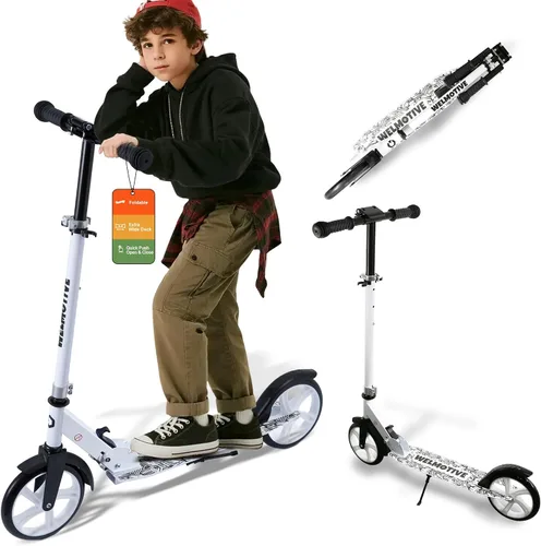 Vista 8 de Patinete para niños a partir de 6 años, adolescentes y adultos, manubrio ajustable, freno trasero, rueda grande plegable para interiores y exteriores