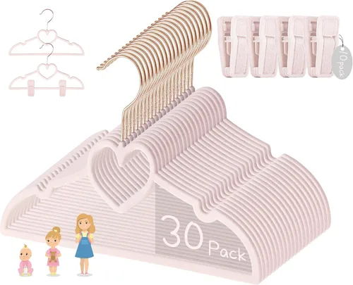 Vista 10 de Perchas de terciopelo beige con forma de corazón, paquete de 50 perchas para niños pequeños de 13 pulgadas con 20 clips, ultra delgadas y apilables