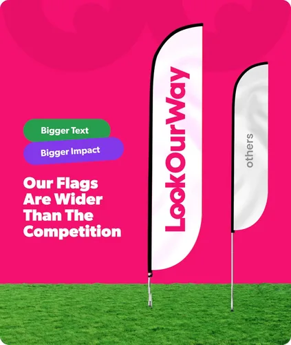 Vista 4 de LookOurWay Bandera de plumas – Banderas publicitarias de 12 pies de alto para promoción de negocios y eventos al aire libre – Bandera Swooper Only