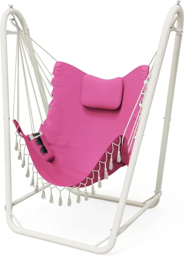 Vista 8 de Silla hamaca única en forma de U con soporte, resistente y resistente al óxido, silla hamaca de algodón gris gratis
