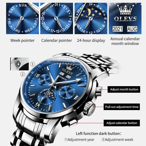 Vista 5 de OLEVS Automatic Mechanical Watches for Men Self Winding no Battery Stainless Steel Strap Luxury Moon Phase Luminous Waterproof Wrist Watch