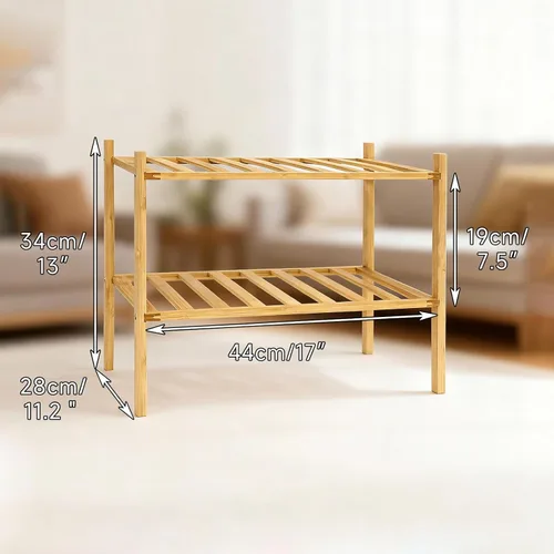Vista 2 de Zapatero pequeño, organizador multiusos de 2 niveles, estantes pequeños de bambú para zapatos, plantas, libros, sala de estar, pasillo, dormitorio
