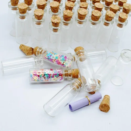 Vista 5 de Botellas/tarros pequeños de vidrio transparente de 0.0 fl oz con tapones de corchos para artes y manualidades, proyectos, decoración, recuerdos