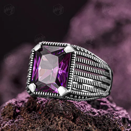 Vista 2 de Anillo de plata de ley 925 con piedra de amatista para hombre
