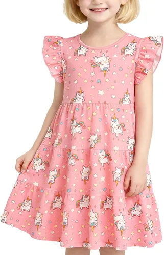 Vista 11 de Vestido casual para niñas, de algodón suave, manga corta, transpirable, acampanado, para adolescentes, talla 2T, 3T, 4T, 5, 6, 7, 8, 9, 10, 12, 13