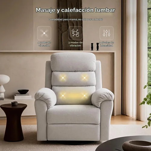 Vista 4 de FLEXISPOT Souffle-Pro - Silla reclinable giratoria con masaje y calor, reposacabezas ajustable, tela Oeko-TEX, marco de madera FSC, ideal para Gris