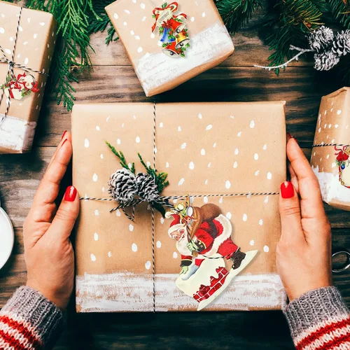 Vista 5 de pinkblume 19 adornos para árbol de Navidad, vintage, Papá Noel, Feliz Navidad, saludos, letrero de alegría, caja de regalo de Navidad, reno de Papá