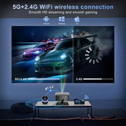 Vista 6 de Mini proyector inteligente con WiFi y Bluetooth - Proyectores de película portátiles para exteriores/dormitorios, enfoque automático y Keystone