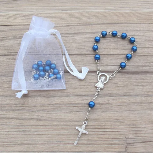 Vista 7 de WE Bautismo Favores Mini Rosarios para niño - (24 unidades) Cuentas Azul Marino con Acentos Plateados - Recuerditos De Bautismo - Rosarios de Dedo