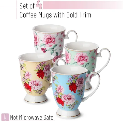 Vista 2 de BTT- Tazas de café grandes, 12 onzas, juego de 4, tazas florales para tazas de café, porcelana de porcelana, taza de té