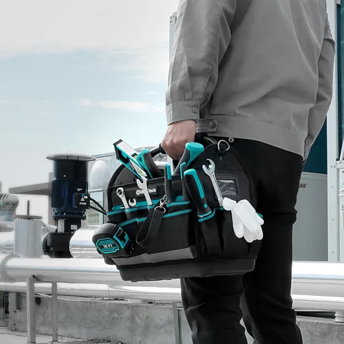 Vista 8 de DURATECH Bolsa de herramientas de 12 pulgadas con fondo duro impermeable, bolsa de herramientas para electricista con mango giratorio, bolsa