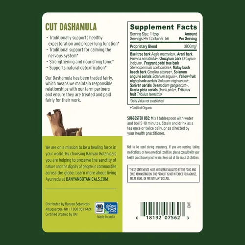 Vista 4 de Banyan Botanicals Dashamula - Corte y tamizado - Fórmula ayurvédica calmante - Suplemento orgánico para el estrés con fruta Gokshura orgánica