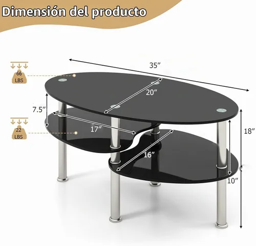 Vista 3 de Giantex Mesa de centro ovalada de vidrio templado transparente de 3 niveles con patas cromadas resistentes, mesa auxiliar de sofá pequeña, mesa