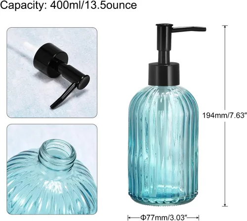 Vista 2 de uxcell Dispensador de jabón – Dispensador de jabón de manos de vidrio de 13.5 onzas con bomba negra para cocina y baño, color azul