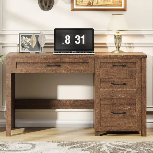 Vista 12 de Vabches Farmhouse - Escritorio ejecutivo de 47 pulgadas con 4 cajones, escritorio para computadora con cajón de archivos y estación de carga, Negro