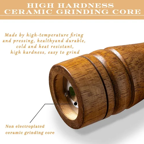 Vista 6 de Molinillo de pimienta de madera de 10 pulgadas de grosor ajustable, molino de pimienta de madera o molino de sal con rotor de cerámica ajustable