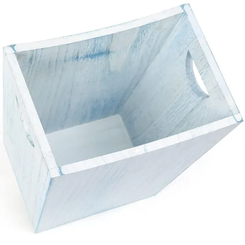 Vista 3 de BTY Cubo de basura de madera rústica para baño, contenedor de basura de madera para cocina, dormitorio, oficina, sala de estar, azul y blanco