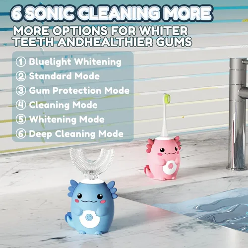 Vista 2 de Axolotl Cepillo de dientes eléctrico en forma de U para niños, cepillo de dientes automático Sonic de dibujos animados con 6 cabezales de cepillo