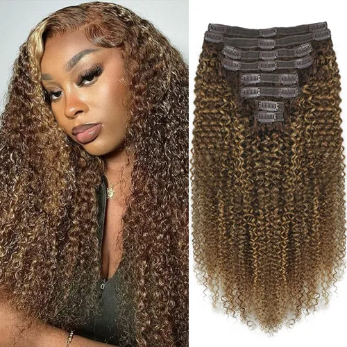 Vista 51 de Extensiones de cabello humano real rizado con clip, 4/27/4, ombré, rizado con clip, para mujer, 3C y 4A (12 pulgadas, #4/27/4)