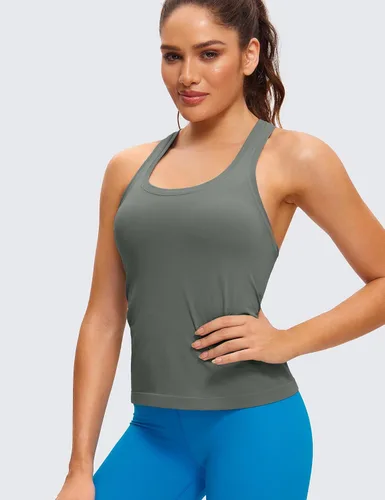 Vista 2 de CRZ YOGA Camiseta sin mangas sin costuras para mujer, espalda cruzada, sin mangas, para entrenamiento, atlética, cuello redondo, para correr, yoga