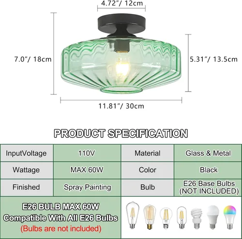 Vista 5 de Lámpara de techo de montaje semiempotrado, luces de techo de vidrio verde vintage de 11.8", lámpara de techo de 1 luz de estilo moderno de mediados
