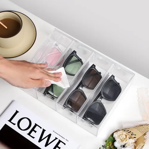 Vista 6 de Organizador de lentes de sol transparentes para mujer, cajones acrílicos apilables, organizador de almacenamiento de lentes de sol para baño