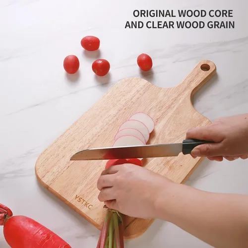 Vista 6 de YSTKC Tabla de cortar de madera de goma con mango de 17 x 10 pulgadas, tabla de servir de madera con asa, tabla de cortar para cocina en casa