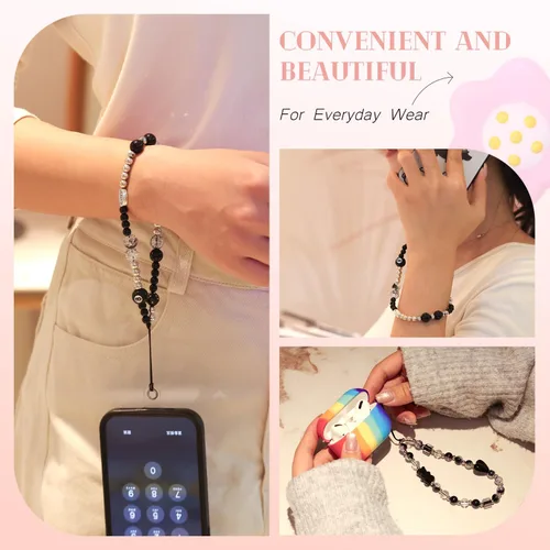 Vista 6 de 4 piezas de lindos encantos para teléfono con estilo Y2K, correa de muñeca para celular con cuentas brillantes, oso, cruz, corazón, accesorios
