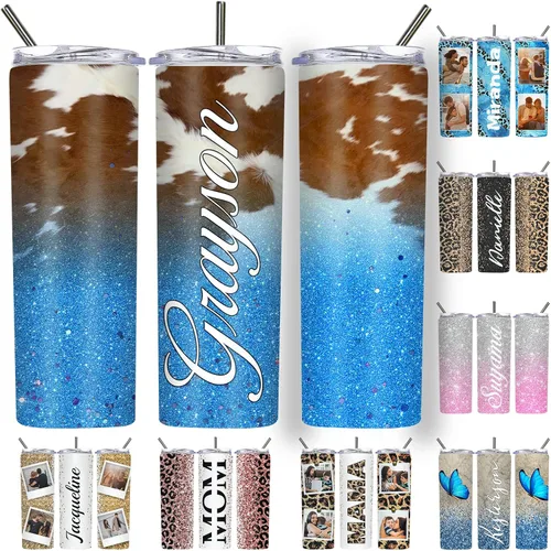 Vista 17 de Vaso delgado personalizado con purpurina con tapas y popotes, nombres, vasos de acero inoxidable personalizados con imagen para mujeres, hombres