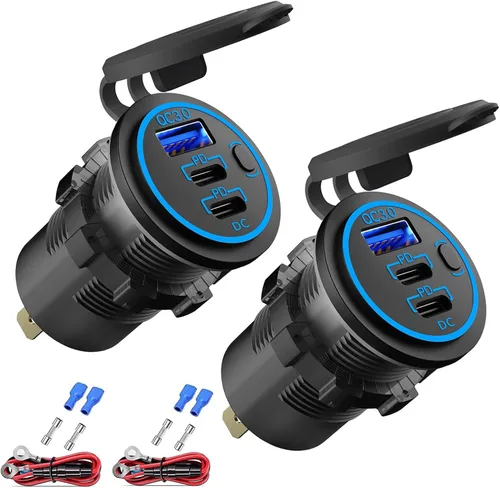 Vista 8 de Toma USB de 12V Cable Cargador USB Multipuerto, Dual PD3.0 USB-C y Carga Rápida 3.0 Puerto de Coche con Interruptor de Encendido, Carga Rápida