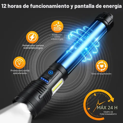 Vista 3 de MILAOSHU Linternas Recargables de 90000 Altos Lúmenes, Batería de 10000 ɱAh, Linterna LED con Luz Cob para el Hogar, Súper Brillante, 7 Modos