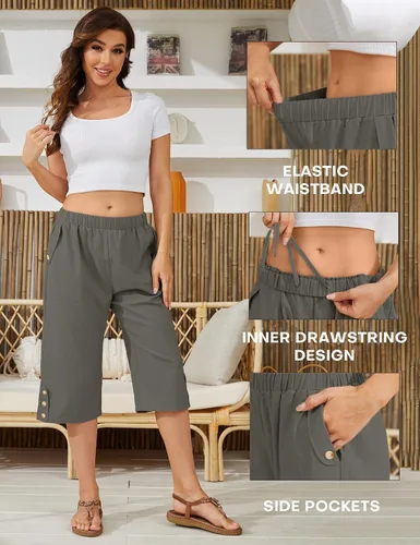 Vista 5 de Pantalones capri casuales de verano para mujer, ligeros, cintura elástica, pierna ancha, holgados, pantalones cortos de yoga con bolsillos