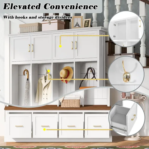 Vista 5 de JIVOIT Farmhouse Wood Hall Tree with Coat Hooks, Cabinets, 4 Drawers, Hooks (Ancient White/ 091)