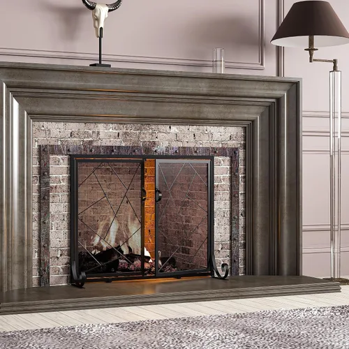 Vista 7 de Fire Beauty Pantalla de chimenea con puertas con bisagras Borde de hierro fundido, marco de acero resistente, malla metálica duradera, protector