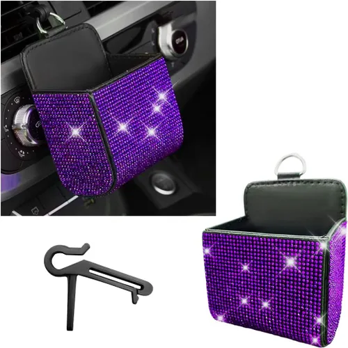 Vista 7 de Dickno Organizador de Coche, Bolsillo de Cuero con Diamantes de Imitación para Rejilla de Ventilación, Caja Automotriz Brillante con Gancho, Soporte