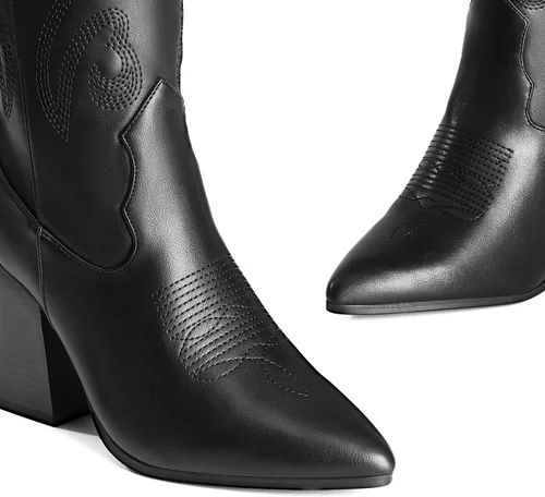 Vista 5 de DREAM PAIRS Cowboy Boots For Women, Comfortable Pull On Zipper Chunky Heel Pointed Toe Embroidered Western Cowgirl Knee High Boots